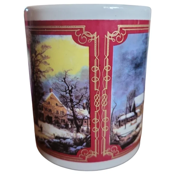 Vtg 97 Currier & Ives HF Coffee Tea Mug Cup Winter Country Cold Morning - Picture 3 of 6